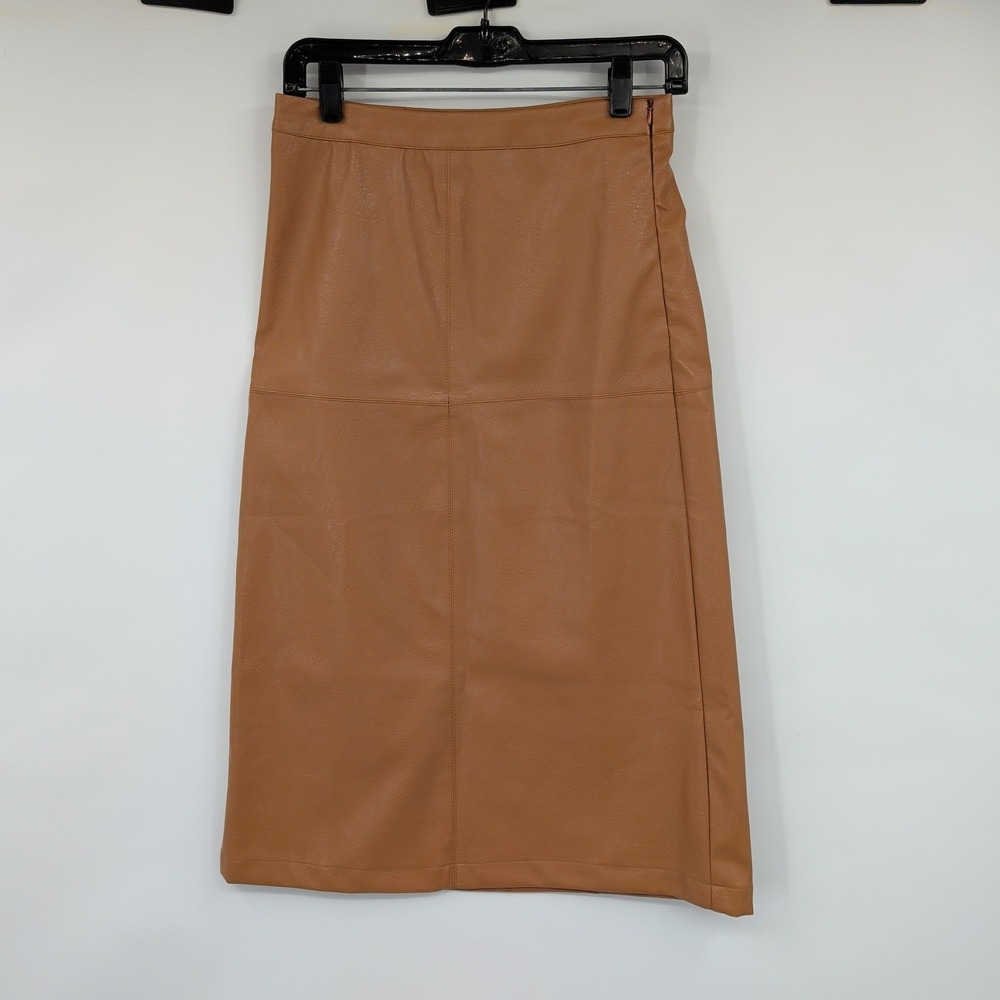 Paper Crane Faux Leather Midi Skirt Tan Camel Brown Vegan A-Line C51337A Small